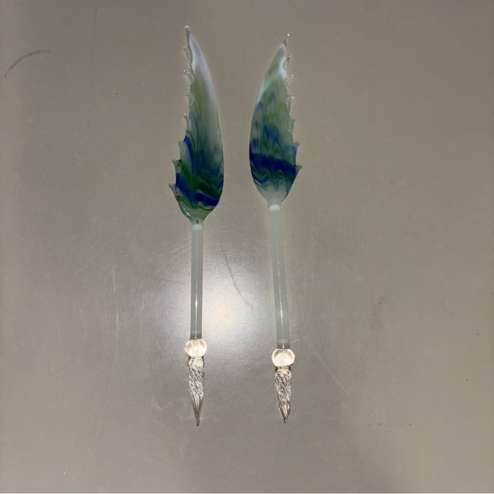 2 hand-blown Blue Green And Milk, White Feather/ Wing Shape glass dip pens